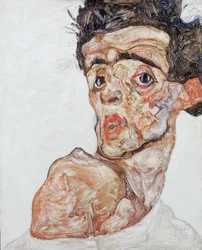 Selbstporträt mit erhobener nackter Schulter, 1912